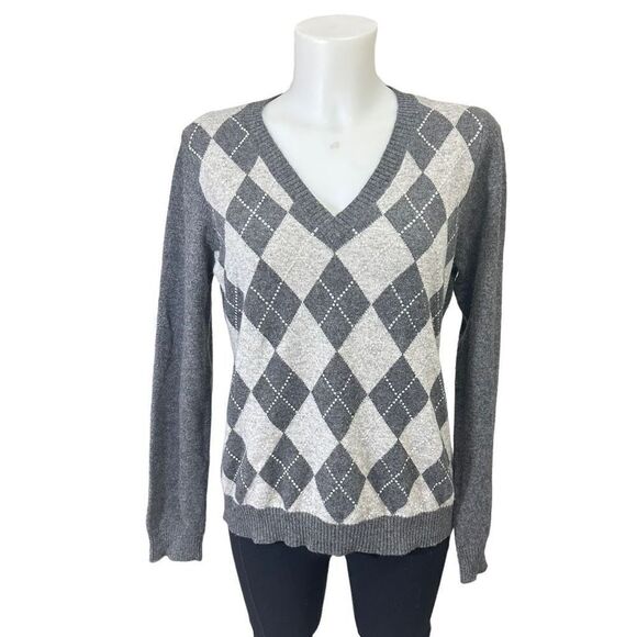 CHARTER CLUB 2-PLY 100% cashmere Knit Gray argyle pattern sequinned Sweater Sz M - Picture 1 of 8